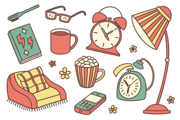 57 Household items illustration, everyday objects, colorful hand-drawn style, toothbrushes, glasses, hairbrush, shower cap, popcorn, coffee mug, teapot, mobile phone, shoes, clock, electric fan, alarm
