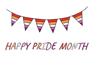 Obraz premium Colorful garland Lesbian pride flag Happy pride day LGBTQIA community Pride Month Vector hand drawn doodle for posters, stickers, logo, cards