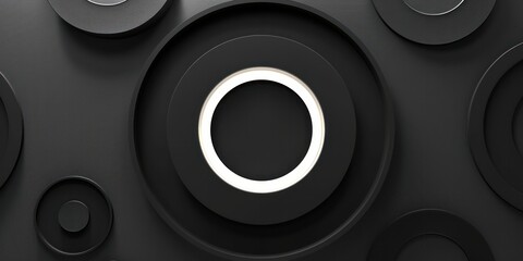 Abstract background with black circles and white circle in the center, minimalistic style, 3d render black background
