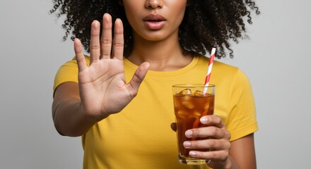 Young woman with curly hair holding a glass of iced tea and making a stop gesture