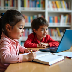 Niña y niño estudiando en un aula