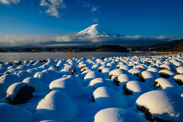河口湖から富士山と雪景色