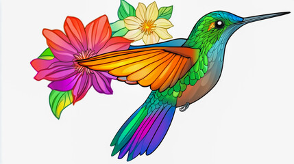Obraz premium A vibrant and detailed close-up of a hummingbird hovering in mid-air, with its wings flapping rapidly
