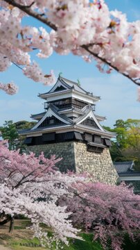 Japanese castle tower with blooming cherry blossoms