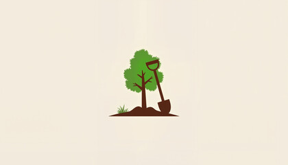 Stylized tree planting icon with shovel on clean background, environmental care