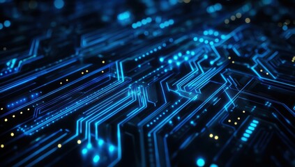 Blue circuit board lines glowing in the dark, representing advanced technology and data transfer.