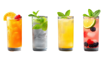 An assortment of vibrant fruit infused cocktail drinks on a plain background including a citrus based orange drink a mint garnished mojito a berry infused pink lemonade and a clear