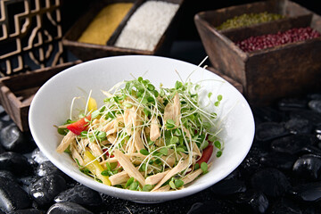 Delicious cold dish: pepper, bean curd and bean sprouts