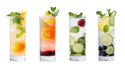 A variety of colorful flavorful non alcoholic infused water and mocktail drinks made with fresh fruits herbs and vegetables for a healthy hydrating summer refreshment