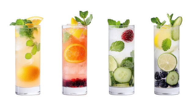A variety of colorful flavorful non alcoholic infused water and mocktail drinks made with fresh fruits herbs and vegetables for a healthy hydrating summer refreshment