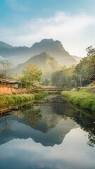 Fototapeta premium Reflection of mountns and rivers in rural thland