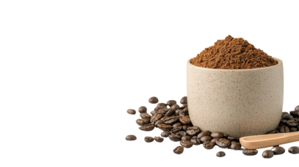 A ceramic cup filled with freshly ground aromatic coffee beans surrounded by additional coffee beans