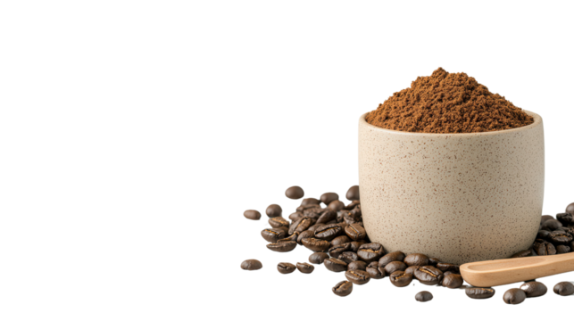 A ceramic cup filled with freshly ground aromatic coffee beans surrounded by additional coffee beans