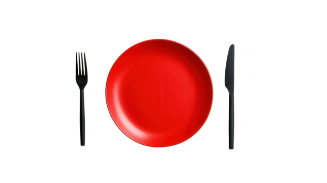 Simple minimalist tableware arrangement featuring a red ceramic plate with a metal fork and knife against a clean white background  Elegant and sophisticated dining setting - Powered by Adobe