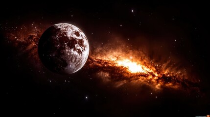 Fototapeta premium Fiery nebula illuminates a distant planet