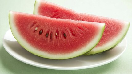 Two juicy slices of watermelon on a plate. Refreshing summer treat!