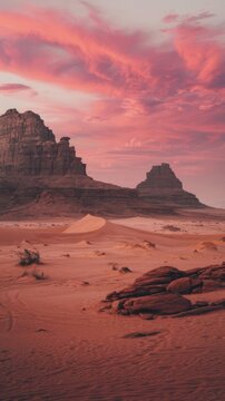 Red desert landscape with sand dunes and dramatic pink sky