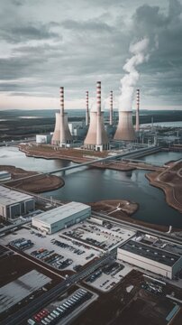 Aerial view of thermal power plant with cooling towers