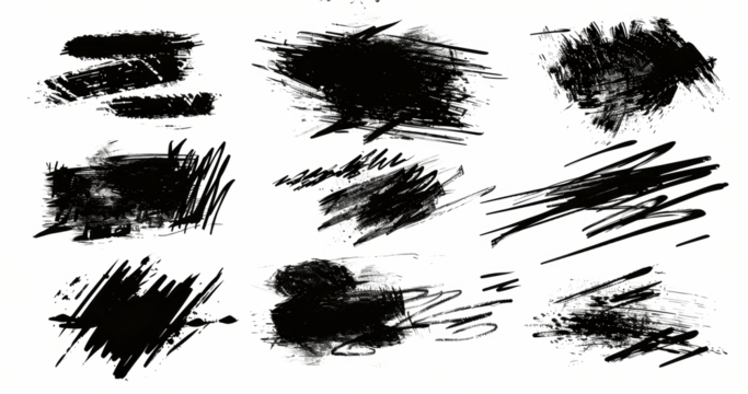 A collection of dynamic black brush strokes illustrating expressive art with bold lines and varying textures.