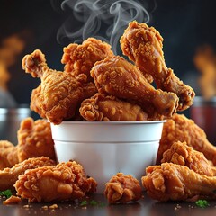 Delicious plate of crispy fried chicken wings, nuggets, and legs with spicy sauce, perfect for lunch or dinner