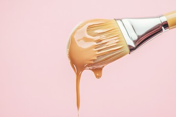 Makeup foundation dripping from a brush on a pink background