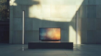 a modern, sleek facade of a building with a large, flat-screen television placed directly on the ground, its screen displaying a vibrant, high-contrast image, surrounded by two thin, tall, vertically-