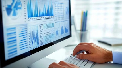 Close-up of a person's hands working on a computer displaying various charts and graphs.  Analyzing data and market trends.