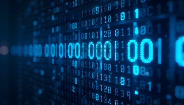 Binary Code on Digital Screen. Blue Binary Numbers Background. Cybersecurity and Coding Representation - Powered by Adobe
