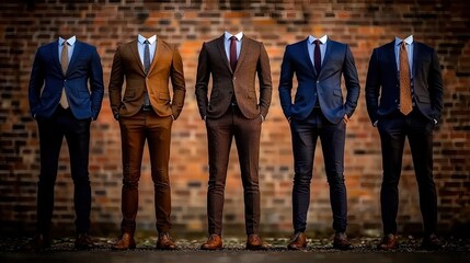 Five headless men in suits stand before a brick wall