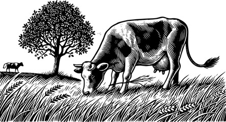 Grazing Cow in Rural Landscape. Detailed black and white illustration depicts a cow grazing in a field of tall grass, with a stylized tree.