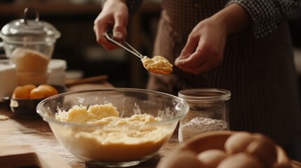 A person is making cookies in a kitchen. The person is holding a spoon with cookie dough on it, and there is a bowl of cookie dough on the counter.