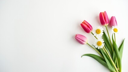 Fototapeta premium A minimalistic design of May Day, Mother's day flowers, such as daisies and tulips, placed neatly on a plain white background