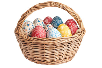 Easter Basket with Colorful Decorated Eggs Isolated on White Background