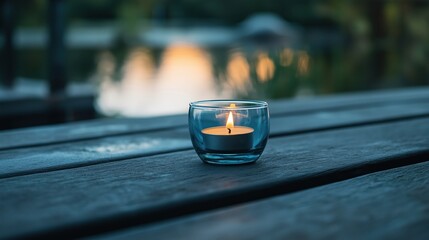 Close-up of a small glass candle on a wooden table. the candle is lit and the flame is visible. the background is blurred, but it appears to be a lake or pond with trees and greenery in the distance.