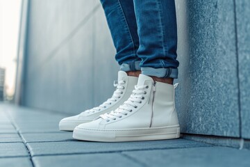 Stylish white sneakers, urban setting, man in jeans, city background