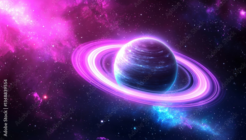 Wall mural a vibrant cosmic scene featuring a planet with rings, set against a backdrop of colorful nebulae and