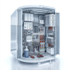 Small Modular Reactor nuclear grid. energy.  SMR. Electricity renewable sustainability safety. Visual representation of an advanced small modular reactor for energy efficiency.