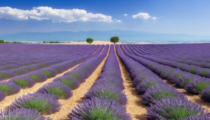 Obraz premium Scenic lavender fields under a vibrant blue sky in summer season