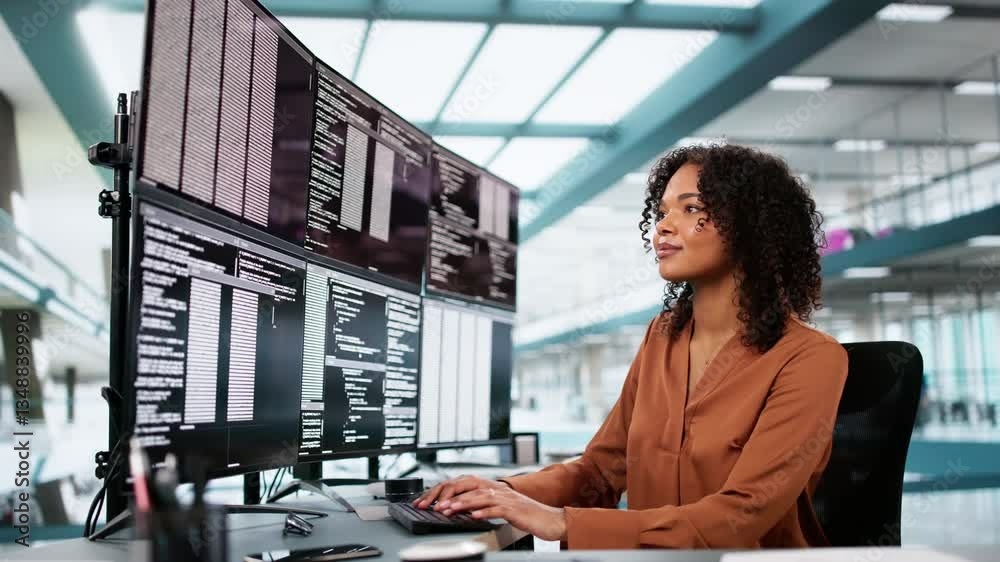 Aufkleber Programmer Woman Coding On Multiple Screens