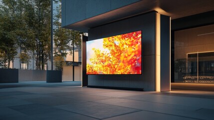 a modern, sleek facade of a building with a large, flat-screen television placed directly on the ground, its screen displaying a vibrant, high-contrast image, surrounded by two thin, tall, vertically-