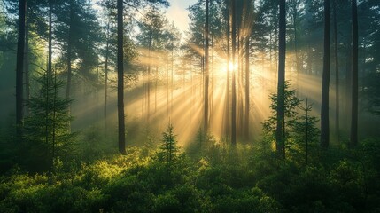 Obraz premium Sunlight breaks through a dense forest during the morning dawn