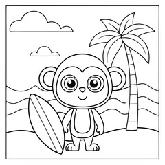 Tropical Beach Scene with a Cartoon Monkey and Surfboard