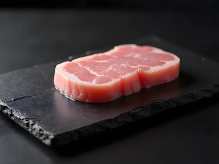 A delicate veal cutlet with a soft pink hue, placed on a black stone plate. The smooth texture and natural marbling of the meat are highlighted with gentle lighting, emphasizing its premium quality.
