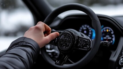 Driver's hand on a modern vehicle's steering wheel