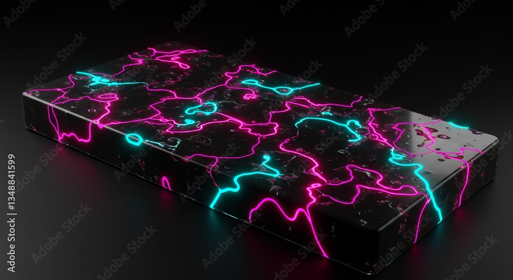 Poster rectangular block with glowing pink and cyan fractal pattern design