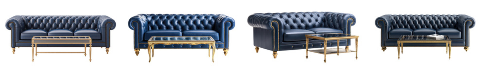 Obraz premium Four ornate and tufted Chesterfield style sofas arranged in a formal sophisticated living room setting with polished wood tables and accents