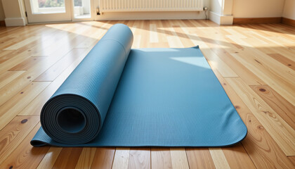 Rolled yoga mat on wooden floor in soft light, preparation for practice