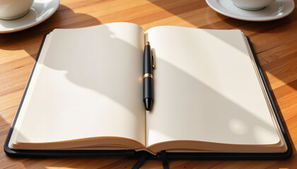 Open notebook with pen under morning sunlight, creativity and inspiration