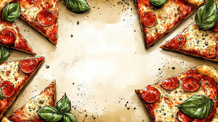Delicious pepperoni pizza slices forming a circle on baking paper. Frame, copy space