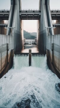 Hydroelectric dam floodgate with flowing water through gate and open the springway khun dan prakan chon dam in nakhon nayok thland